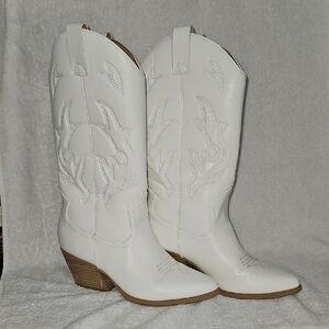Soda White and Brown Heeled Boots with Western Flair